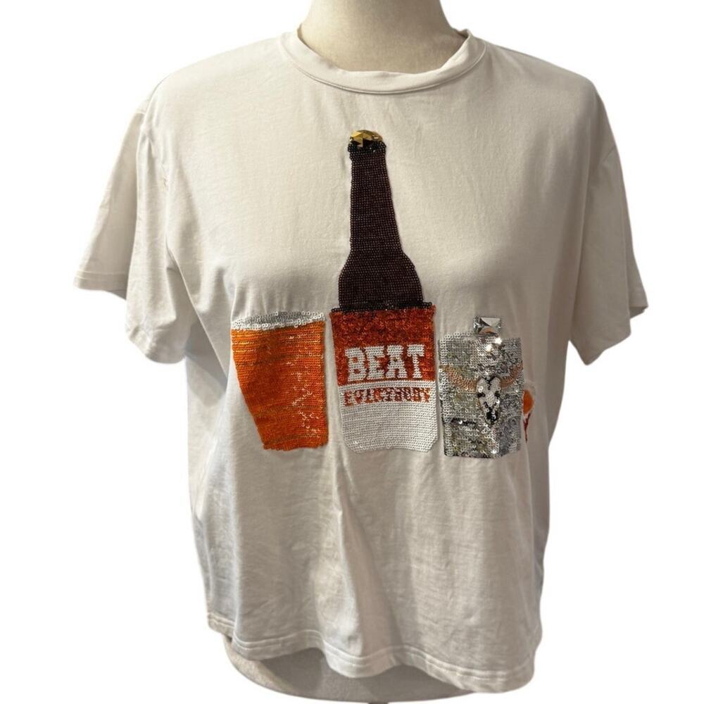 Queen of Sparkles Hook Me A Drink UT Gameday Tee Texas Longhorns Sequin Shirt M